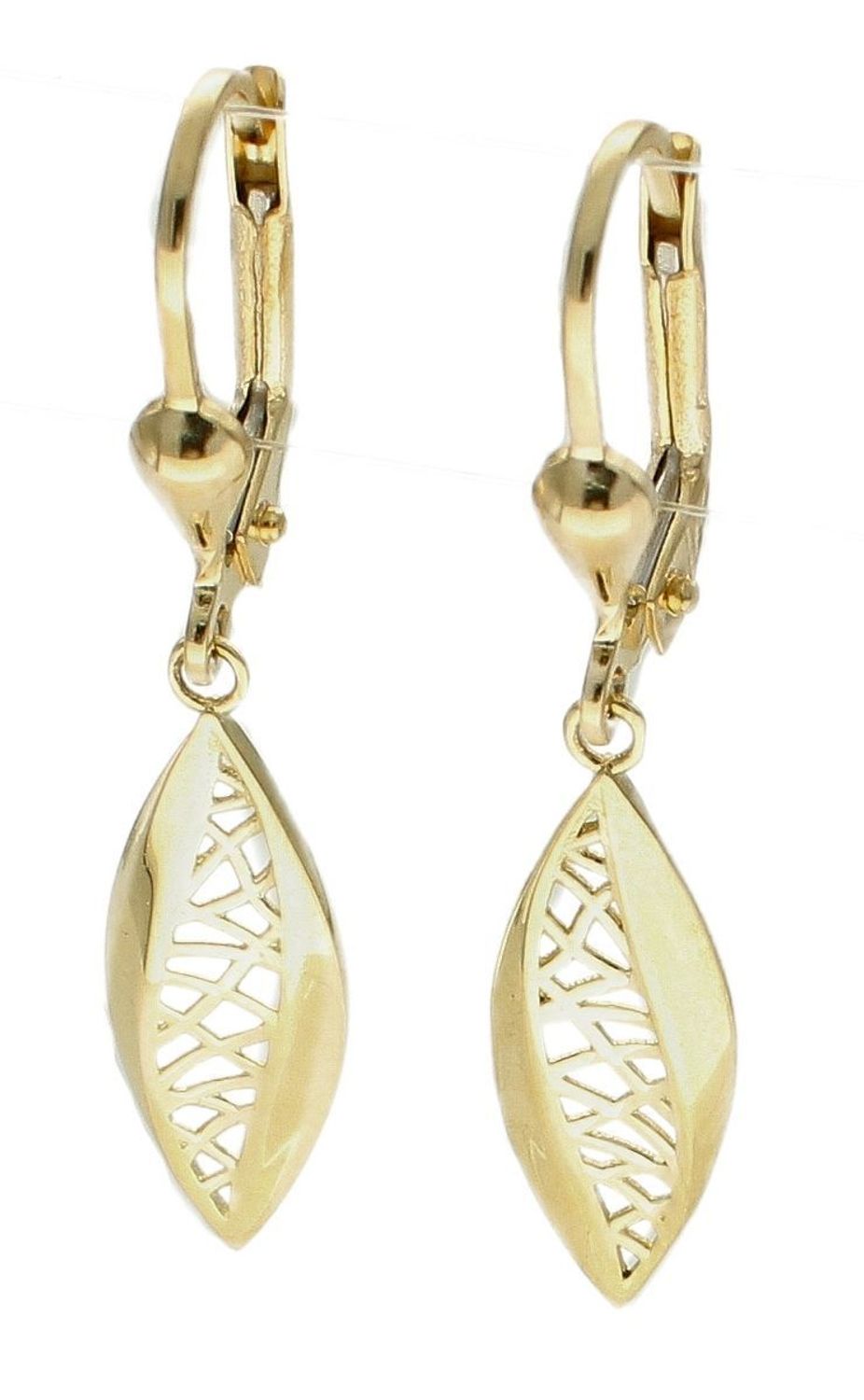 Złote kolczyki 585 wiszące ażurowe listki KL 11135C 585. Złote kolczyki wykonane z najwyższej jakości żółtego złota, próba 585, waga około 1,86 gram. Kolczyki w minimalistycznym stylu, wpisujące się w obecne trendy modowe..jpg